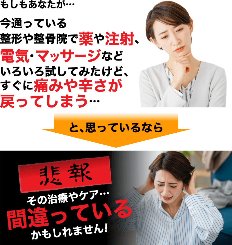 今通っている 整形や整骨院で薬や注射、 電気・マッサージなど いろいろ試してみたけど、 すぐに痛みや辛さが 戻ってしまう…