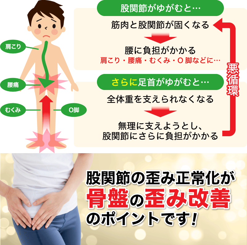 股関節の歪み正常化が骨盤の歪み改善のポイントです！